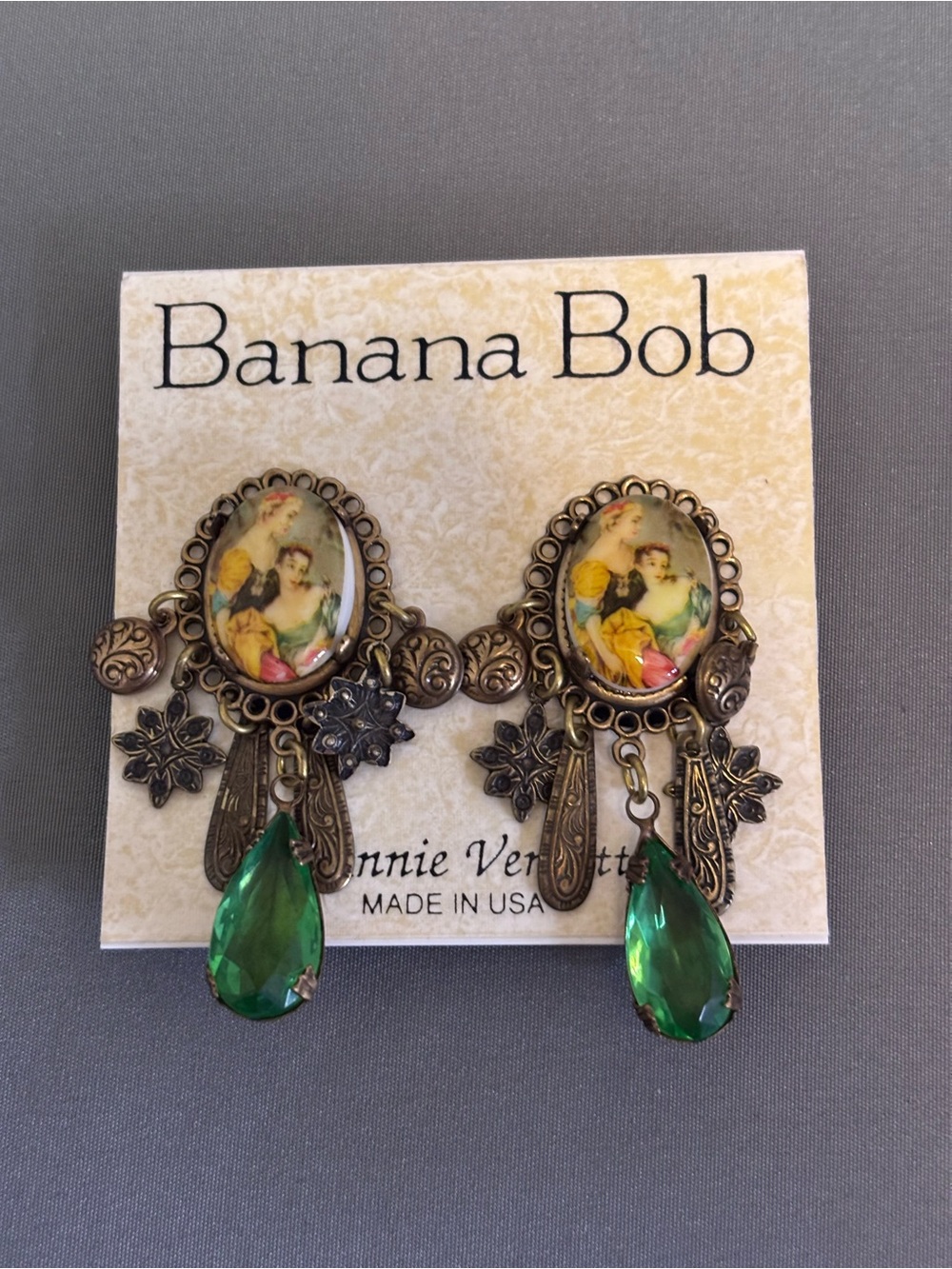 Banana Bob Green Teardrop Cameo Drop Earrings